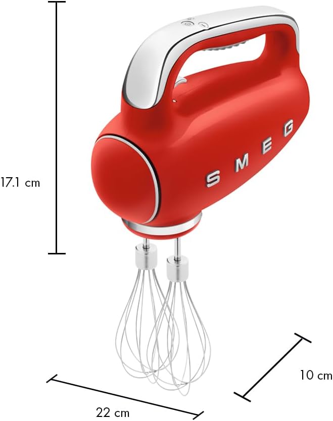 Batedeira Portátil SMEG Vermelho Retrô 9 Velocidades 220W Display LED Turbo Acessórios em Inox Bolsa de Armazenamento 110V