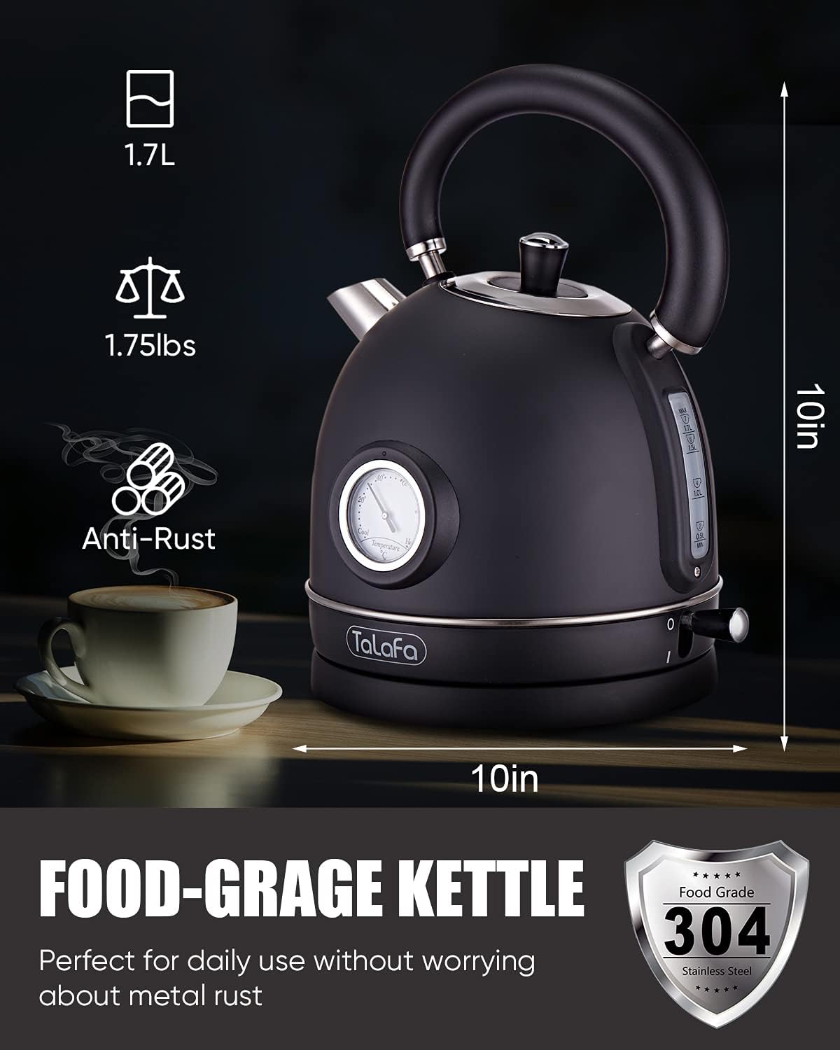 Chaleira Elétrica Retrô Talafa Preta 1,7L 1500W Inox 304 Termômetro Proteção Contra Secagem Auto Desligamento Rápida 110V