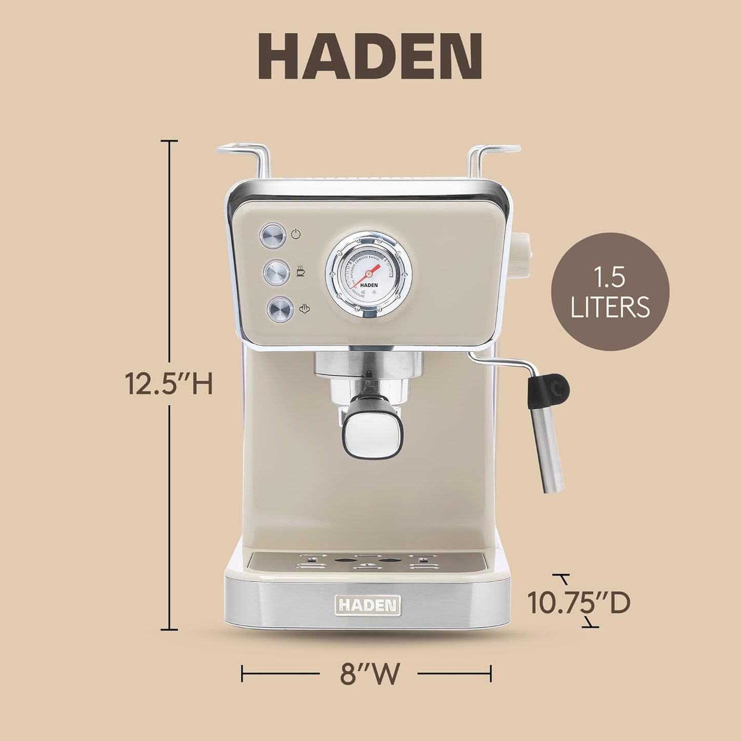 Máquina de Espresso Semi-Automática HADEN Barista Brew, Aço Inoxidável, Putty & Cobre, 20 Bar, Vaporizador de Leite, Reservatório 1,5L, 110V