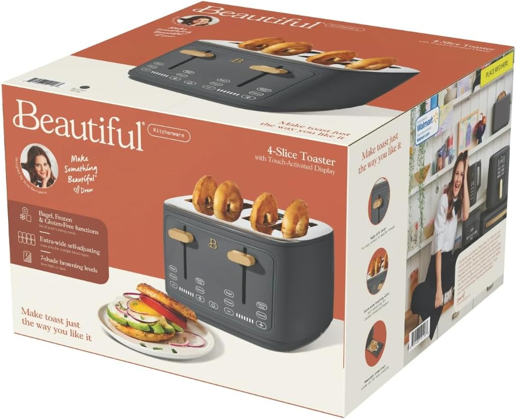 Torradeira elétrica de pão 4 fatias Beautiful Cinza, 1800W, slots extralargos, display touch, funções bagel e congelados, aço inox, 110V