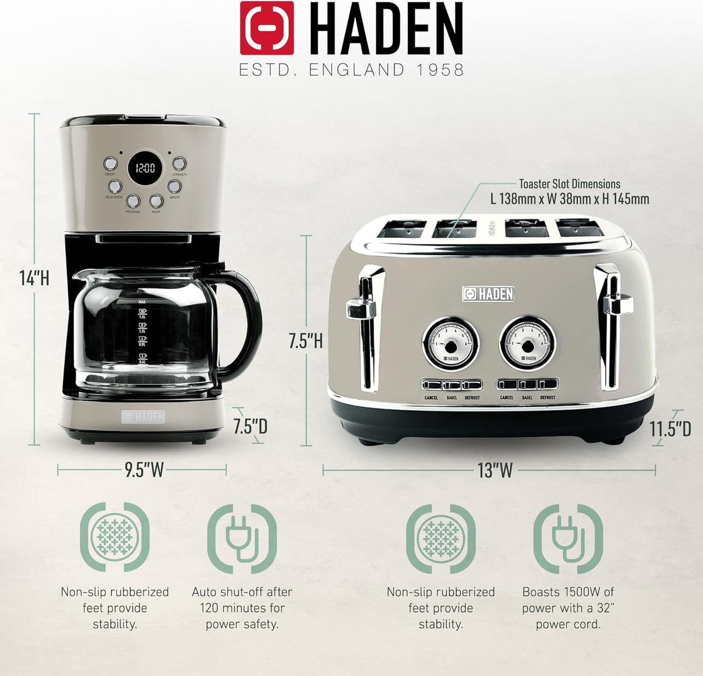 Cafeteira Elétrica HADEN 12 xícaras + Torradeira Dorset 4 fatias Inox Putty & Chrome, Filtro Lavável, Temporizador, 110V