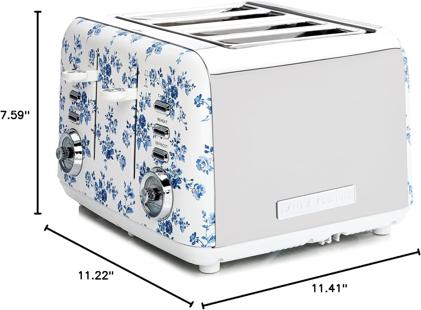 Torradeira 4 Fatias em Aço Inox Laura Ashley Rosa China com estampa floral, Slots Largos, 7 Níveis, Funções Descongelar, Reaquecer, Rack para Croissants, 1500W, 110V