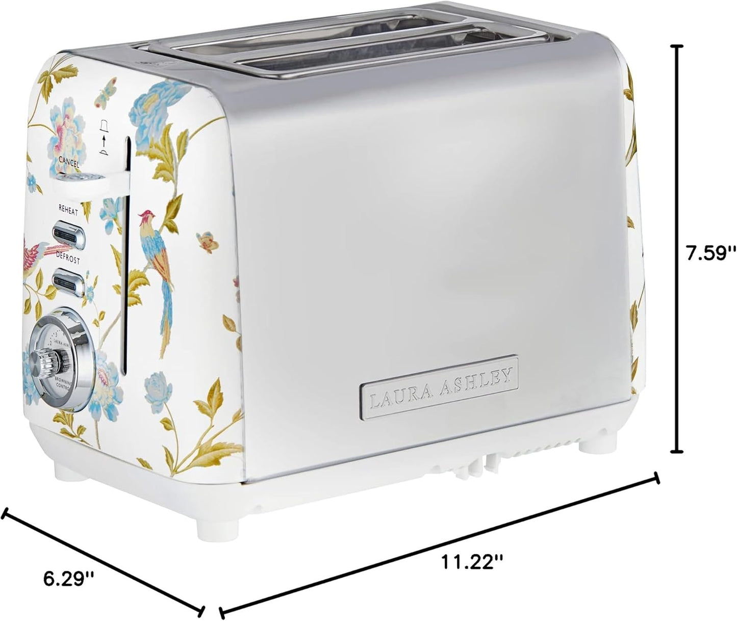 Torradeira 2 Fatias em Aço Inox Laura Ashley Branco com estampa floral Elveden, Slots Largos, 7 Níveis, Funções Descongelar, Reaquecer, Rack para Croissants, 850W, 110V