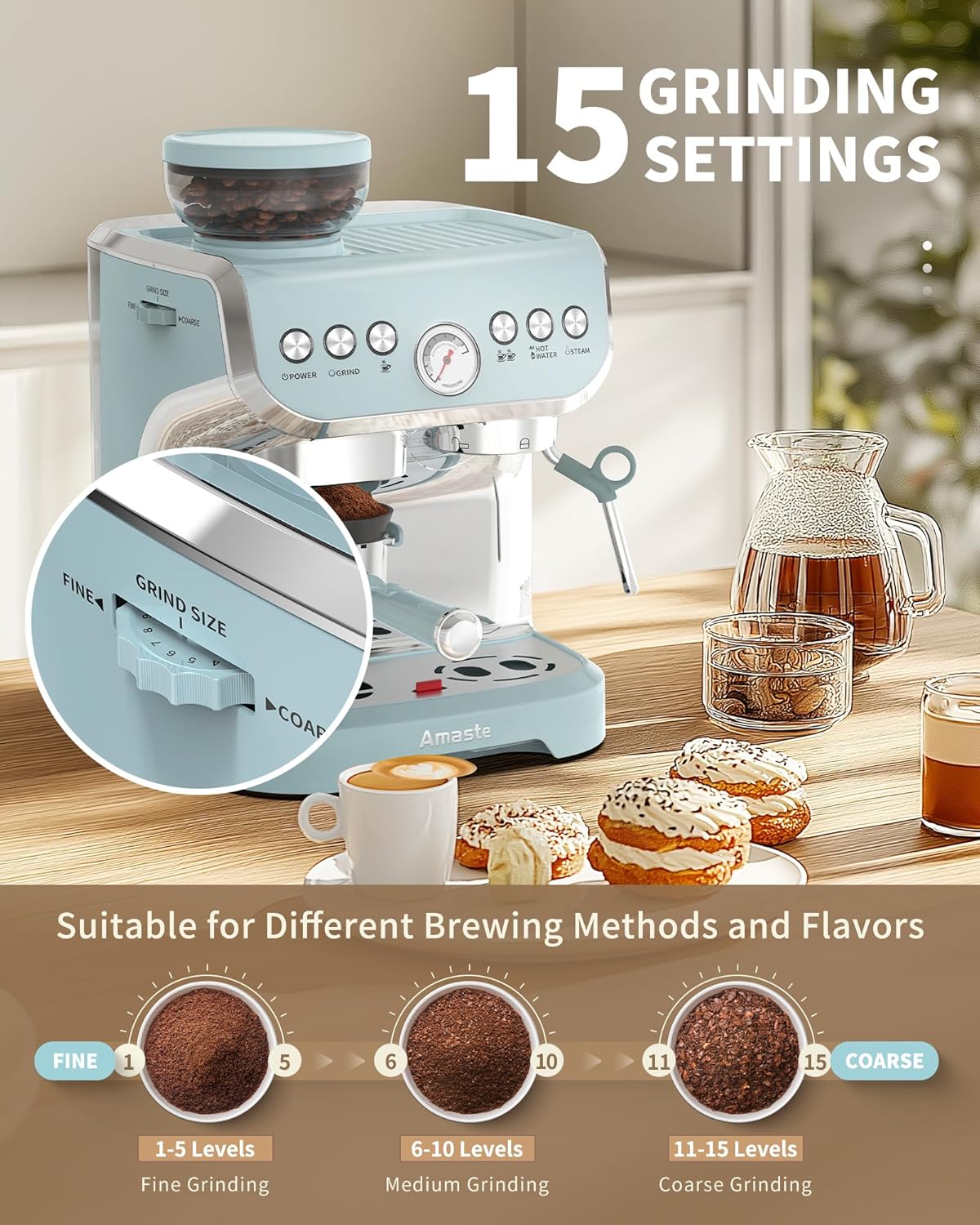 Cafeteira Espresso Amaste 15 Bar com Moinho Integrado, Vaporizador, 2L Azul, Kit Barista, Pre-Infusão, AC-517EA 110V