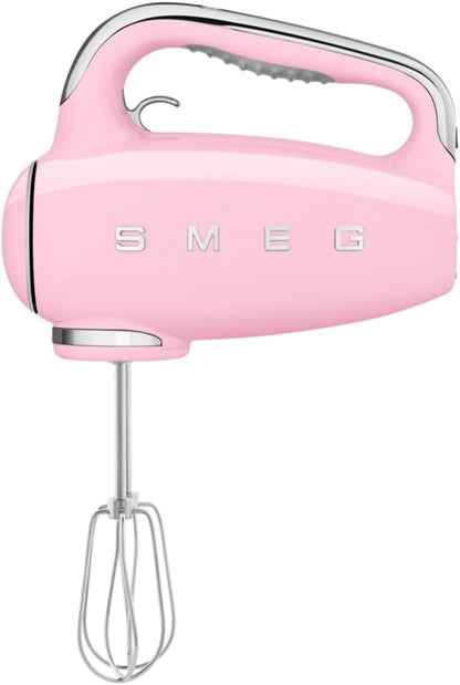 Batedeira Portátil SMEG Rosa Retrô 9 Velocidades 220W Display LED Turbo Acessórios em Inox Bolsa de Armazenamento 110V