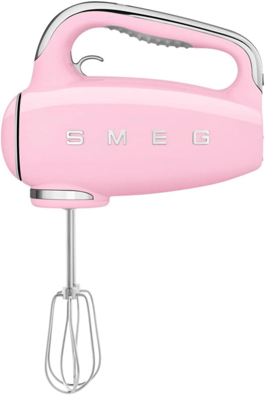 Batedeira Portátil SMEG Rosa Retrô 9 Velocidades 220W Display LED Turbo Acessórios em Inox Bolsa de Armazenamento 110V