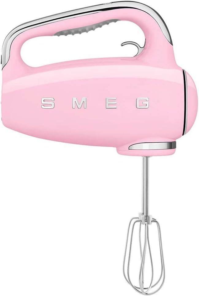 Batedeira Portátil SMEG Rosa Retrô 9 Velocidades 220W Display LED Turbo Acessórios em Inox Bolsa de Armazenamento 110V