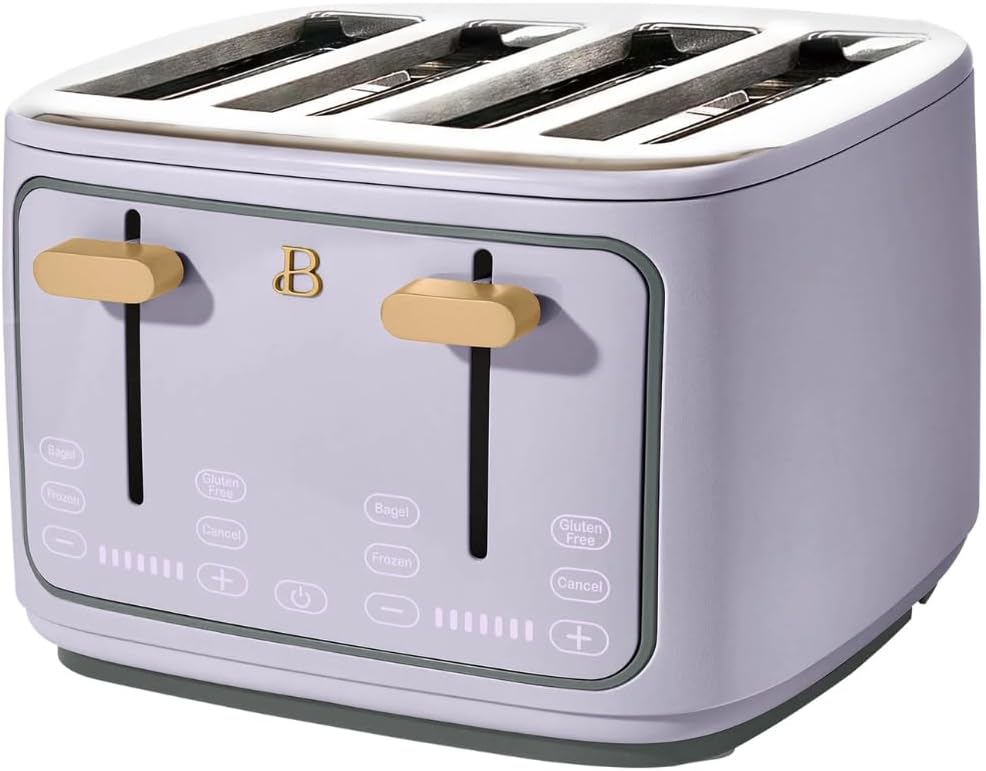 Torradeira elétrica de pão 4 fatias Beautiful Lavanda, 1800W, slots extralargos, display touch, funções bagel e congelados, aço inox, 110V