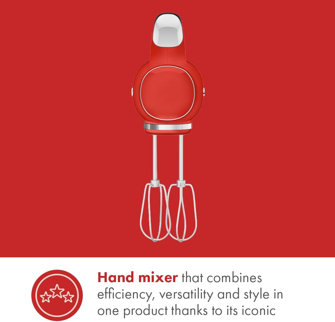 Batedeira Portátil SMEG Vermelho Retrô 9 Velocidades 220W Display LED Turbo Acessórios em Inox Bolsa de Armazenamento 110V