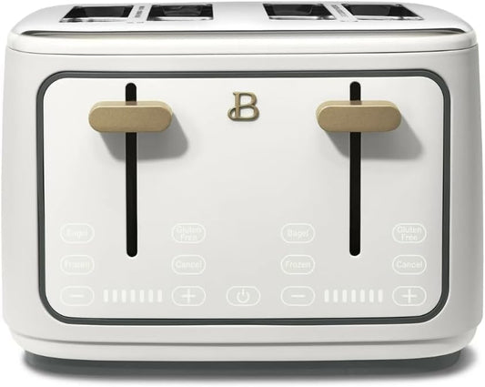 Torradeira elétrica de pão 4 fatias Beautiful Branca, 1800W, slots extralargos, display touch, funções bagel e congelados, aço inox, 110V