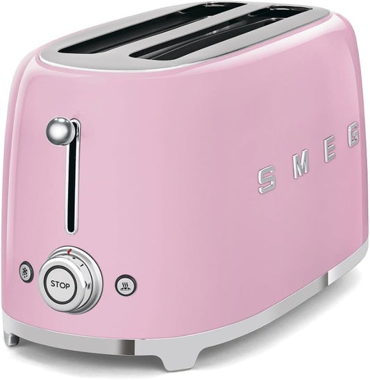 Torradeira 4 Fatias Smeg Retrô Rosa, 6 Níveis, 3 Funções, Inox, Compartimentos Largos, Bandeja Migalhas, 1400W, 110V