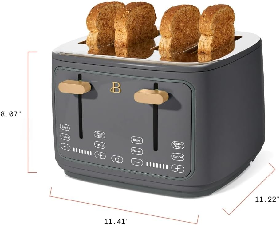 Torradeira elétrica de pão 4 fatias Beautiful Cinza, 1800W, slots extralargos, display touch, funções bagel e congelados, aço inox, 110V