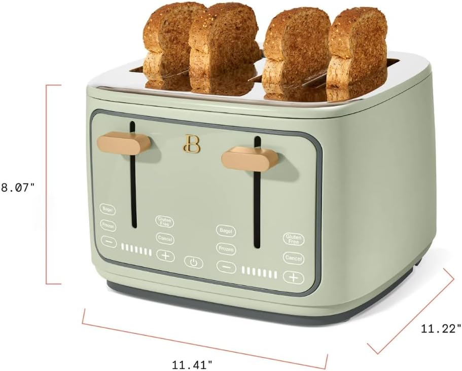 Torradeira elétrica de pão 4 fatias Beautiful Verde, 1800W, slots extralargos, display touch, funções bagel e congelados, aço inox, 110V