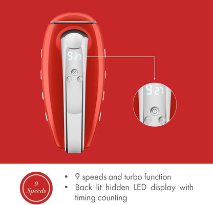 Batedeira Portátil SMEG Vermelho Retrô 9 Velocidades 220W Display LED Turbo Acessórios em Inox Bolsa de Armazenamento 110V
