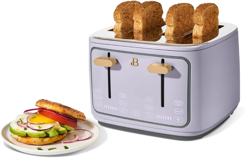 Torradeira elétrica de pão 4 fatias Beautiful Lavanda, 1800W, slots extralargos, display touch, funções bagel e congelados, aço inox, 110V