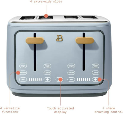 Torradeira elétrica de pão 4 fatias Beautiful Azul, 1800W, slots extralargos, display touch, funções bagel e congelados, aço inox, 110V