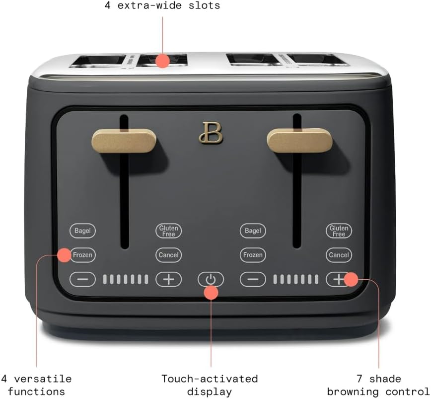 Torradeira elétrica de pão 4 fatias Beautiful Cinza, 1800W, slots extralargos, display touch, funções bagel e congelados, aço inox, 110V
