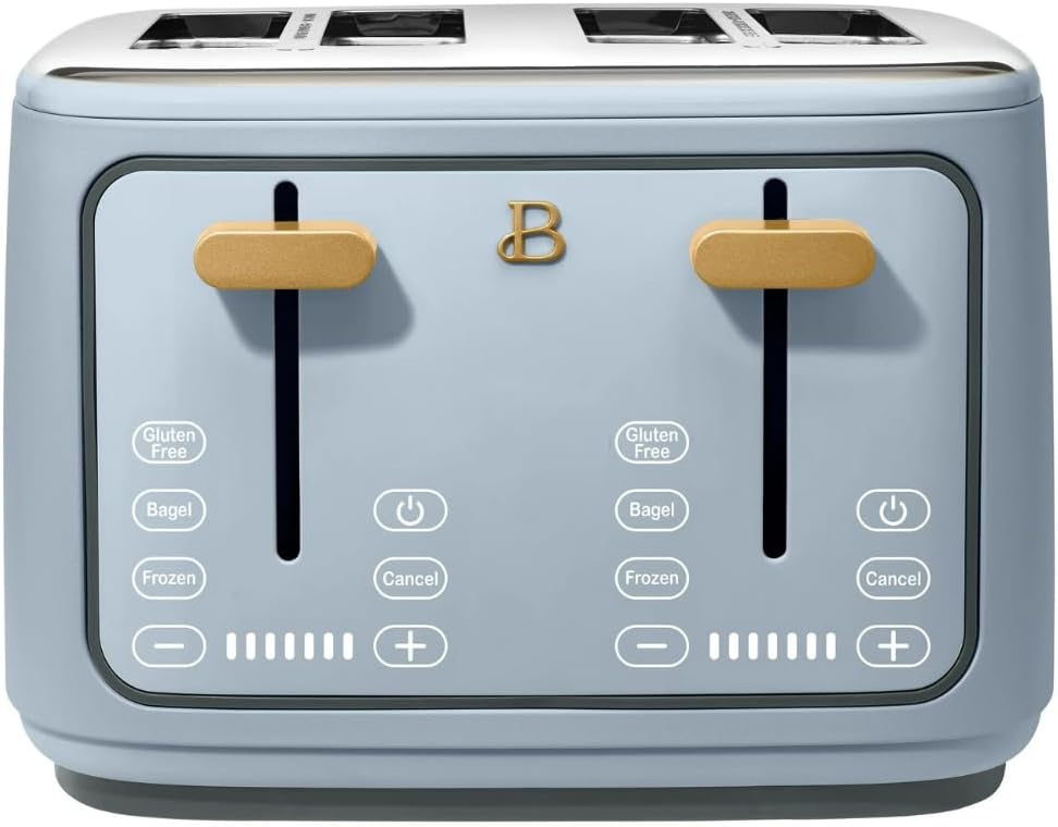 Torradeira elétrica de pão 4 fatias Beautiful Azul, 1800W, slots extralargos, display touch, funções bagel e congelados, aço inox, 110V
