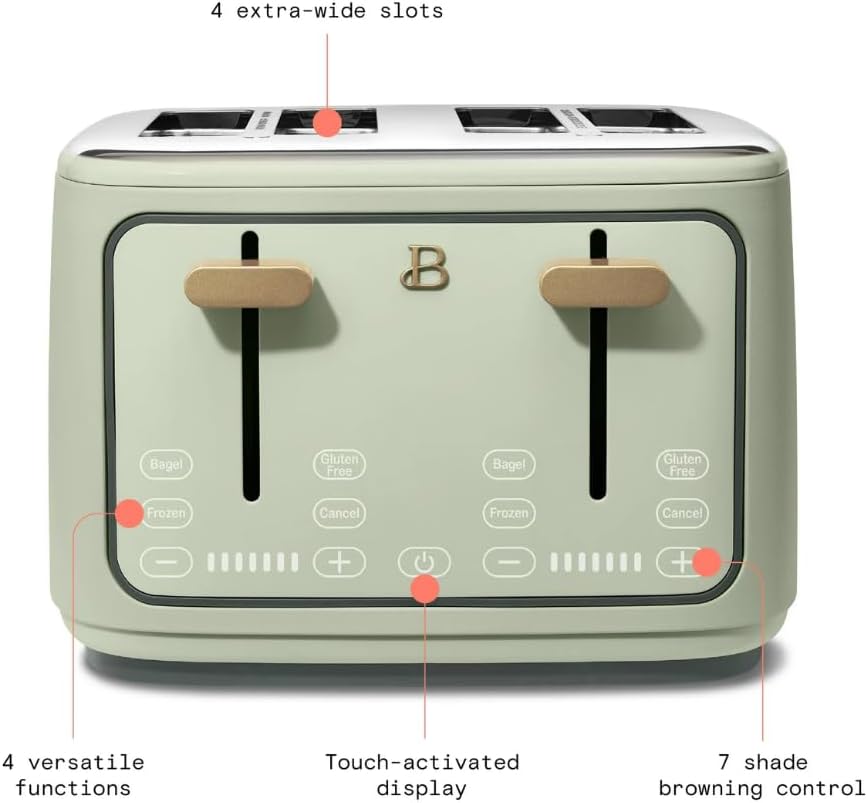 Torradeira elétrica de pão 4 fatias Beautiful Verde, 1800W, slots extralargos, display touch, funções bagel e congelados, aço inox, 110V