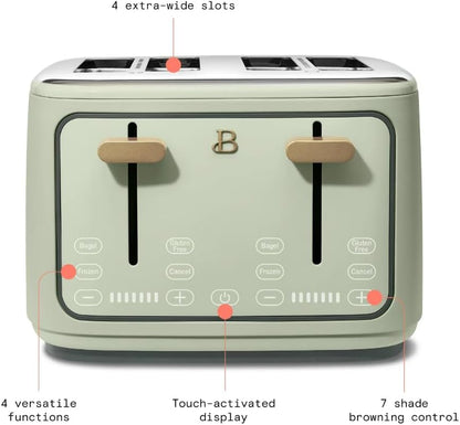 Torradeira elétrica de pão 4 fatias Beautiful Verde, 1800W, slots extralargos, display touch, funções bagel e congelados, aço inox, 110V