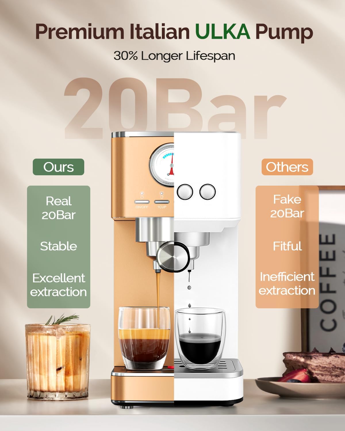 Máquina de Café Espresso Maestri House Rose Golden, 20 Bar ULKA, Vaporizador, Flowmeter, Reservatório 1,3L, Inox, 110V