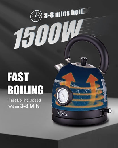 Chaleira Elétrica Retrô Talafa Preta 1,7L 1500W Inox 304 Termômetro Proteção Contra Secagem Auto Desligamento Rápida 110V