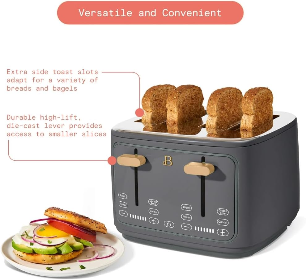 Torradeira elétrica de pão 4 fatias Beautiful Cinza, 1800W, slots extralargos, display touch, funções bagel e congelados, aço inox, 110V