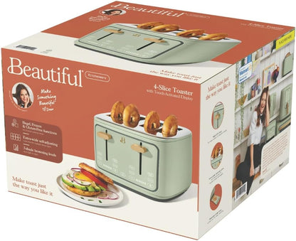 Torradeira elétrica de pão 4 fatias Beautiful Verde, 1800W, slots extralargos, display touch, funções bagel e congelados, aço inox, 110V