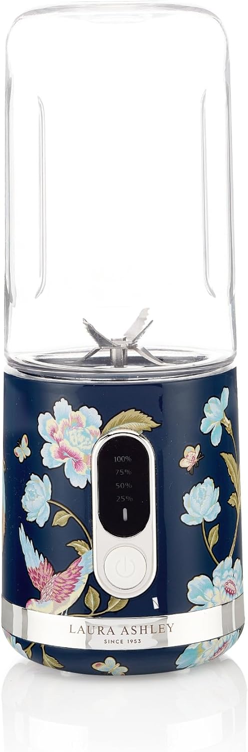 Mini Liquidificador Portátil Laura Ashley 450ml USB Elveden Navy, 100W, 6 Lâminas Inox, Smoothie, Academia, Viagem, Garrafa Tampa Rosqueada