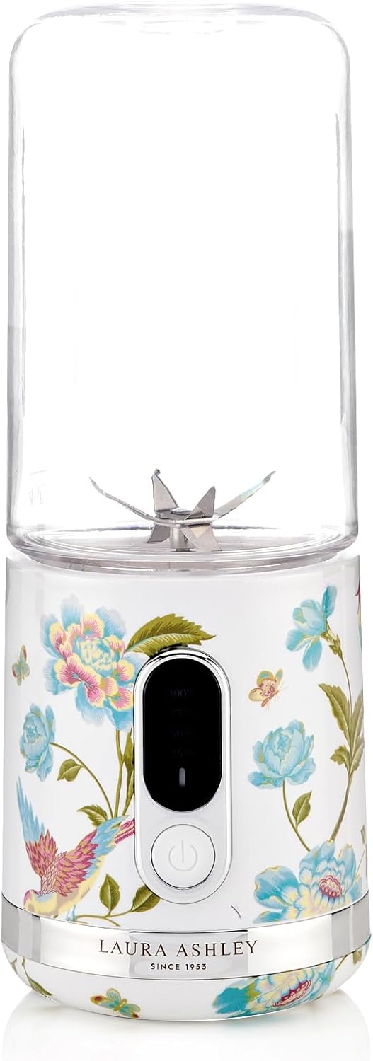 Mini Liquidificador Portátil Laura Ashley 450ml USB Elveden White, 100W, 6 Lâminas Inox, Smoothies, Academia, Viagem, Tampa Rosqueada