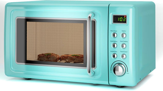 Forno micro-ondas de bancada LDAILY retrô verde, 700W, 5 níveis de potência, menus automáticos, prato giratório, trava de segurança infantil, 20L, 110V