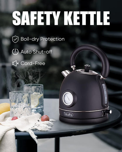 Chaleira Elétrica Retrô Talafa Preta 1,7L 1500W Inox 304 Termômetro Proteção Contra Secagem Auto Desligamento Rápida 110V