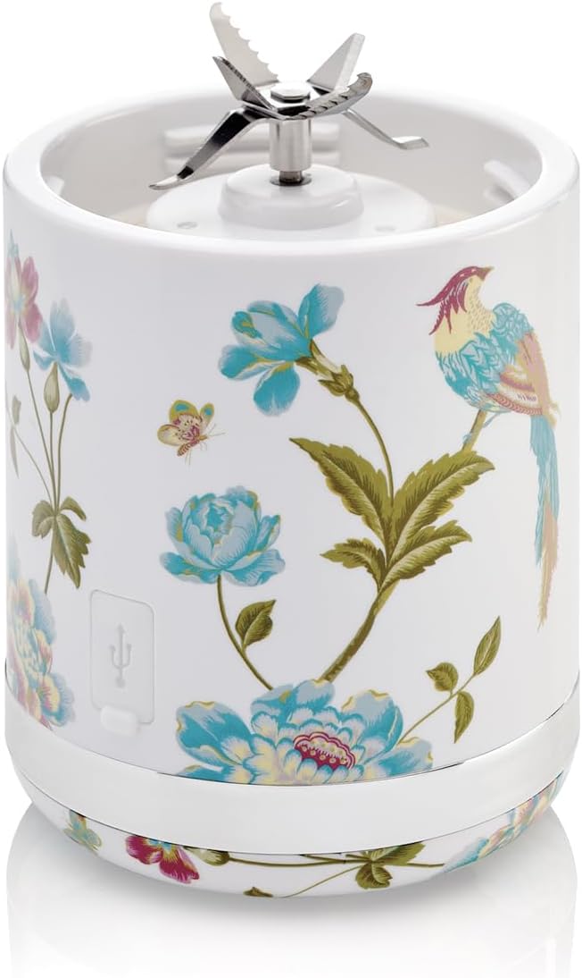 Mini Liquidificador Portátil Laura Ashley 450ml USB Elveden White, 100W, 6 Lâminas Inox, Smoothies, Academia, Viagem, Tampa Rosqueada