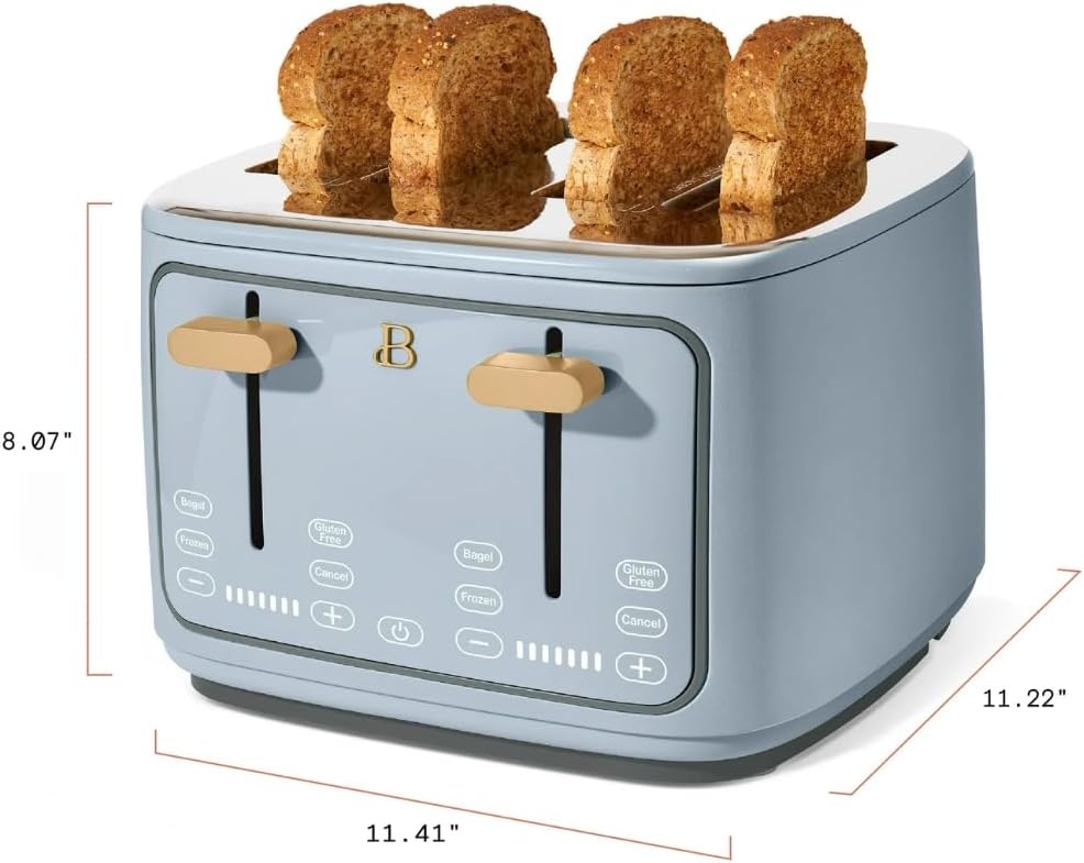 Torradeira elétrica de pão 4 fatias Beautiful Azul, 1800W, slots extralargos, display touch, funções bagel e congelados, aço inox, 110V