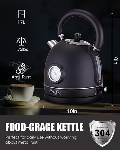 Chaleira Elétrica Retrô Talafa Preta 1,7L 1500W Inox 304 Termômetro Proteção Contra Secagem Auto Desligamento Rápida 110V