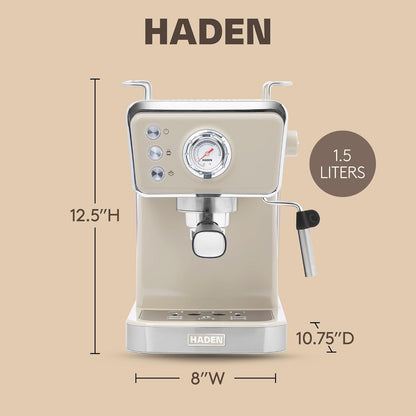 Máquina de Espresso Semi-Automática HADEN Barista Brew, Aço Inoxidável, Putty & Cobre, 20 Bar, Vaporizador de Leite, Reservatório 1,5L, 110V