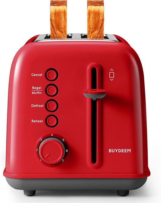 Torradeira BUYDEEM DT620 Vermelha 2 Fatias com Fendas Largas, Função Bagel e Muffin, Bandeja de Migalhas Removível e 7 Níveis de Tostagem, 110V