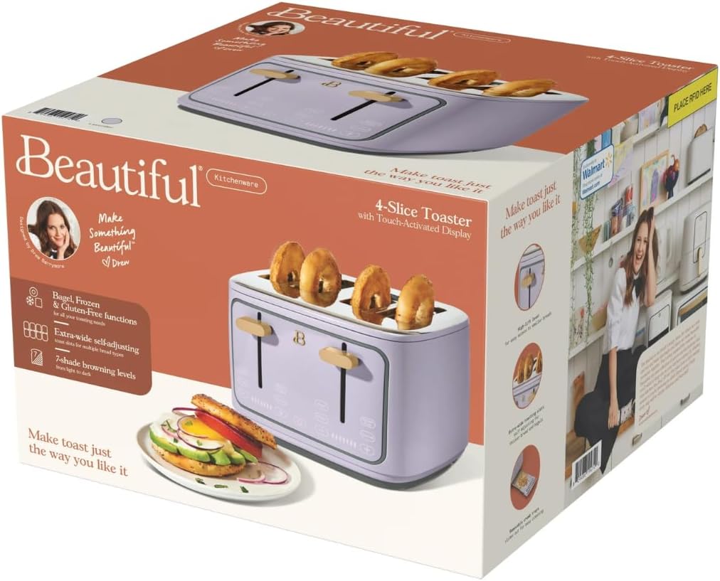 Torradeira elétrica de pão 4 fatias Beautiful Lavanda, 1800W, slots extralargos, display touch, funções bagel e congelados, aço inox, 110V