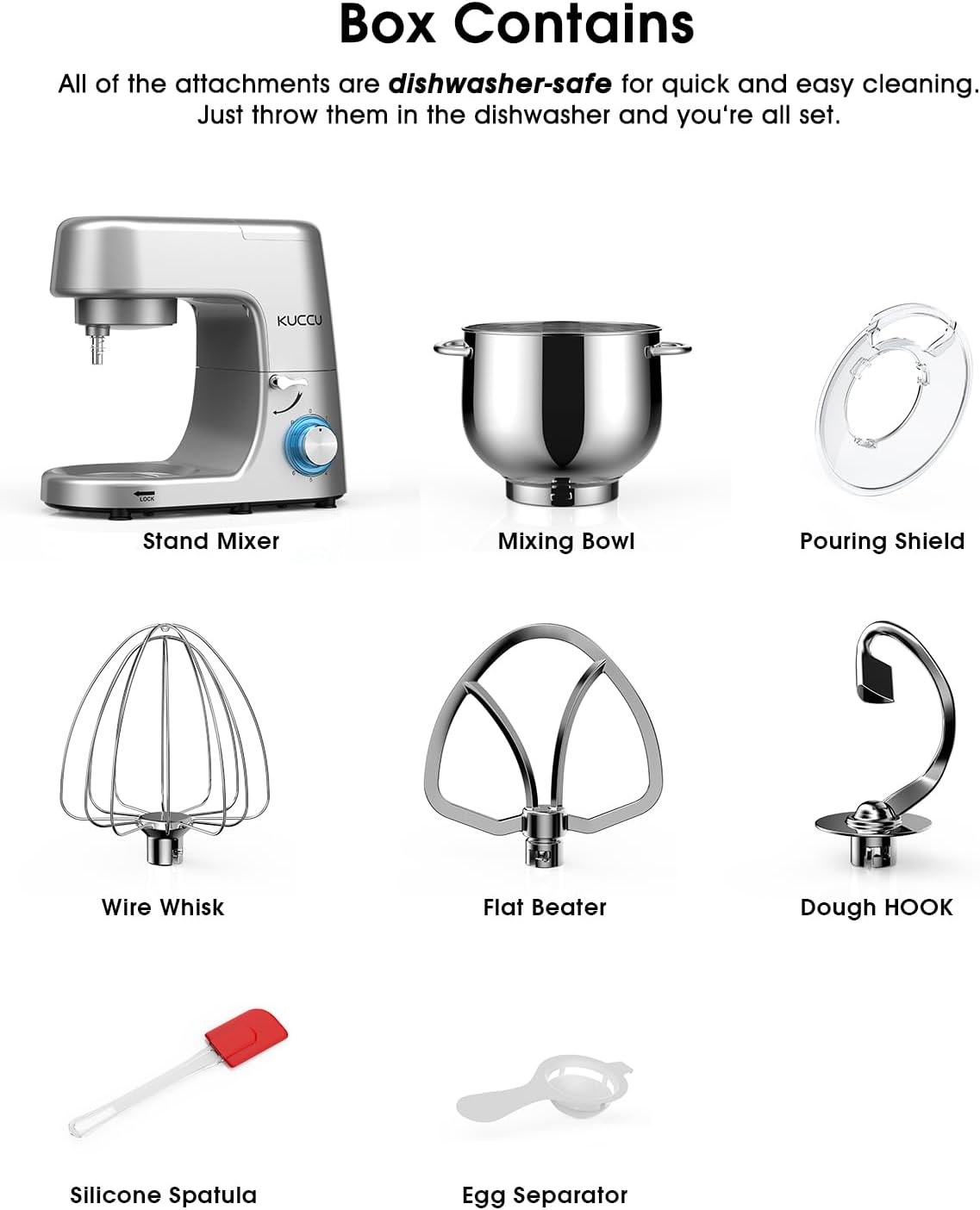 Batedeira Planetária KUCCU Prata 6 Velocidades 9,5L 660W Bowl Inox Duplo Cabo Tilt-Head Pulso Antiderrapante Lavável 110V