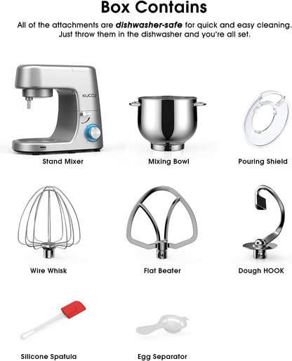 Batedeira Planetária KUCCU Prata 6 Velocidades 9,5L 660W Bowl Inox Duplo Cabo Tilt-Head Pulso Antiderrapante Lavável 110V