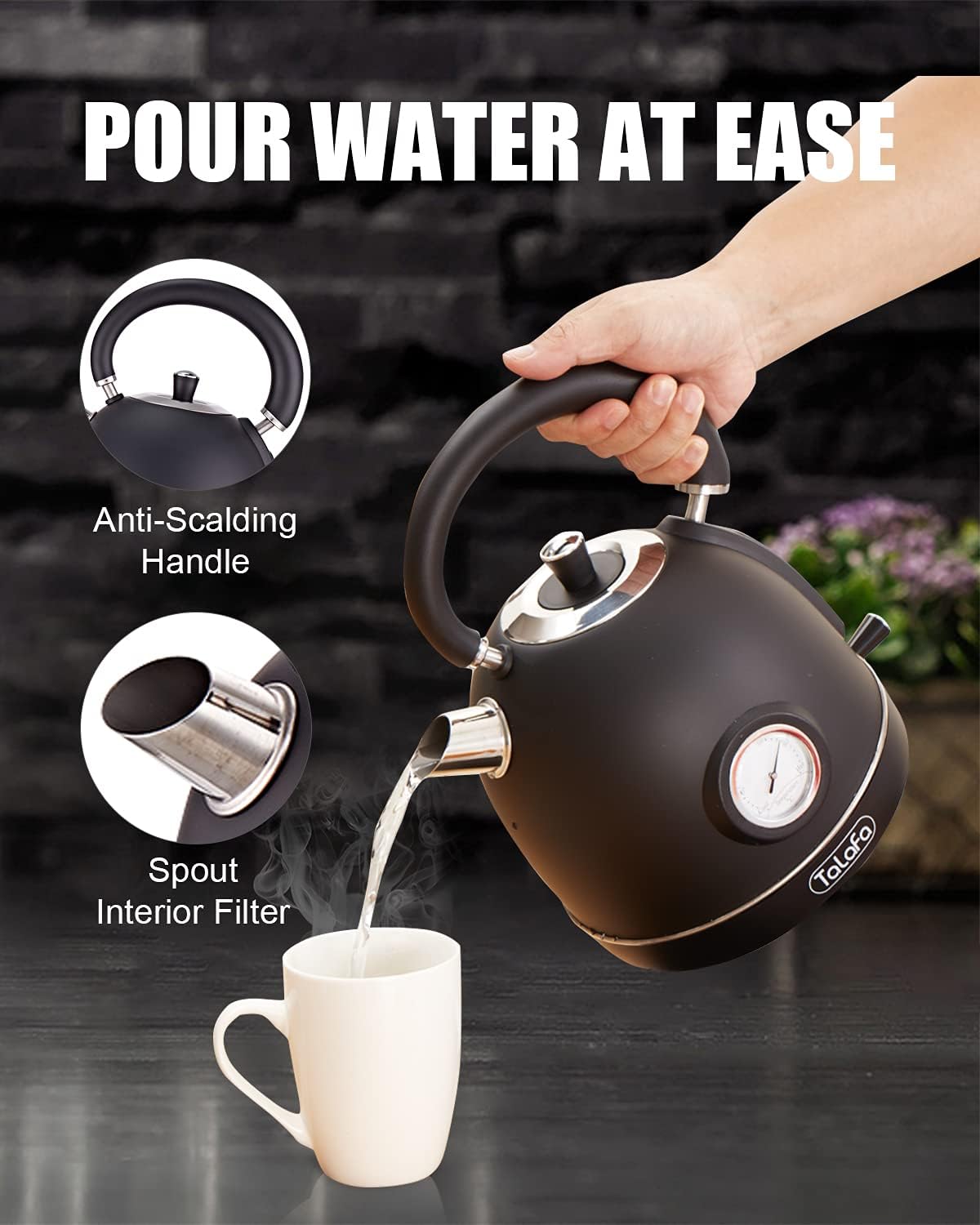 Chaleira Elétrica Retrô Talafa Preta 1,7L 1500W Inox 304 Termômetro Proteção Contra Secagem Auto Desligamento Rápida 110V