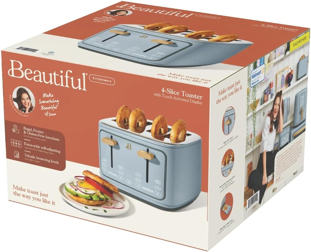 Torradeira elétrica de pão 4 fatias Beautiful Azul, 1800W, slots extralargos, display touch, funções bagel e congelados, aço inox, 110V