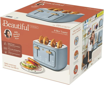 Torradeira elétrica de pão 4 fatias Beautiful Azul, 1800W, slots extralargos, display touch, funções bagel e congelados, aço inox, 110V