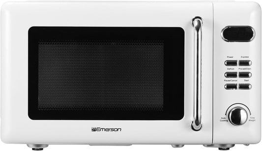 Forno Micro-ondas Retrô de Bancada 20L Emerson Branco 700W 5 Níveis 8 Menus Automáticos Prato de Vidro Trava de Segurança 110V
