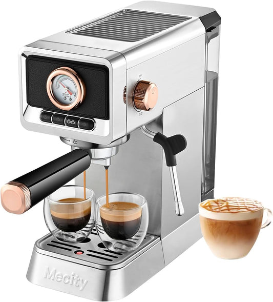 Máquina de Espresso 20 Bar Mecity CM5203AY Prata Inox, Vaporizador de Leite, Reservatório 1,09L, Display, 1400W, 110V