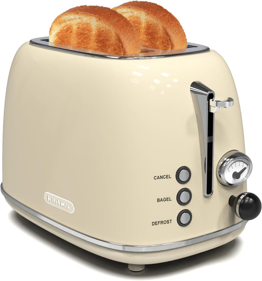 Torradeira Retro KITCHMIX 2 Fatias Inox Creme, Fendas Largas, 6 Níveis de Tostagem, 825 W, 110 V