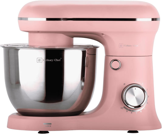 Batedeira Planetária Retrô CULINARY CHEF Rosa 8 Velocidades 4,5L 300W Bowl Inox Braço Basculante Antiderrapante 110V