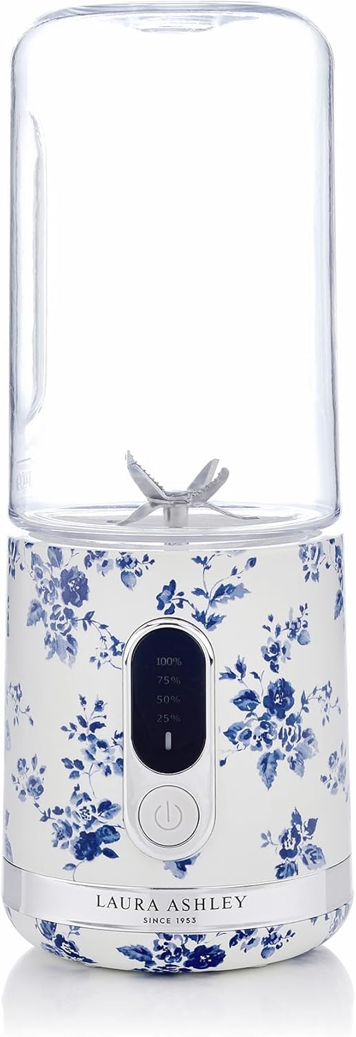 Mini Liquidificador Portátil Laura Ashley 450ml USB Recarregável China Rose, 100W, 6 Lâminas Inox, Garrafa para Smoothies, Viagem, Academia