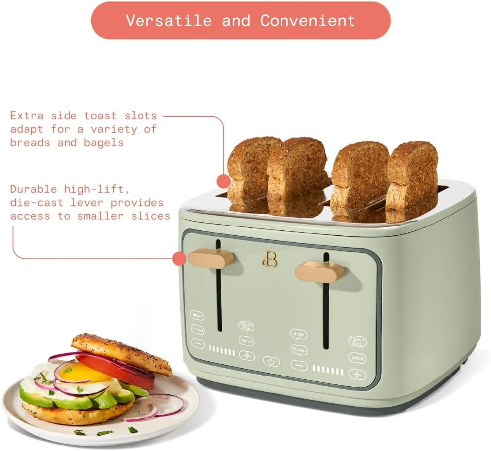 Torradeira elétrica de pão 4 fatias Beautiful Verde, 1800W, slots extralargos, display touch, funções bagel e congelados, aço inox, 110V