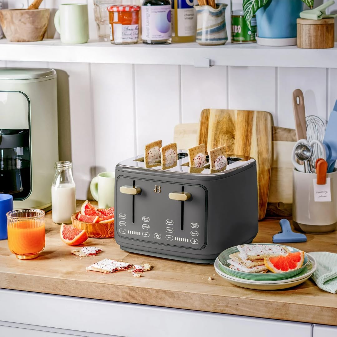 Torradeira elétrica de pão 4 fatias Beautiful Cinza, 1800W, slots extralargos, display touch, funções bagel e congelados, aço inox, 110V